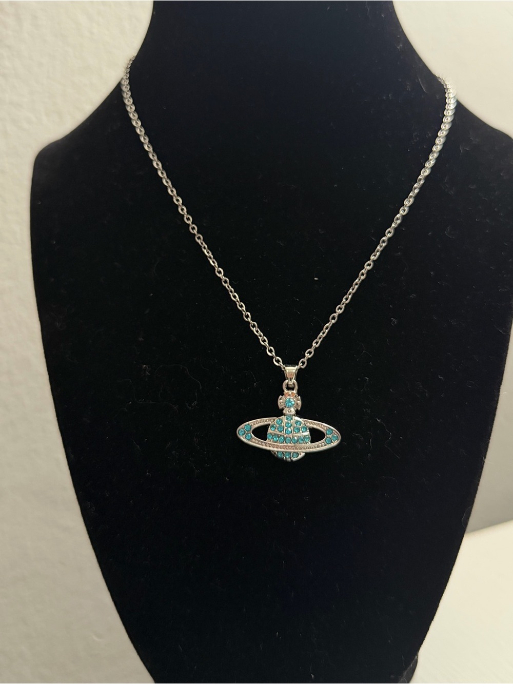 Vivienne Westwood Silver Tone Turquoise Orb Saturn Pendant Necklace